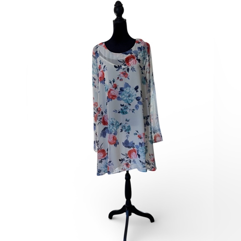 Tildon Sheer Floral Shift Dress or Tunic - in Blues and Coral Pink tones